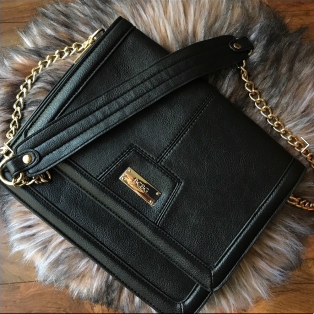BCBG Black Gold Chain Leather Handbag Purse